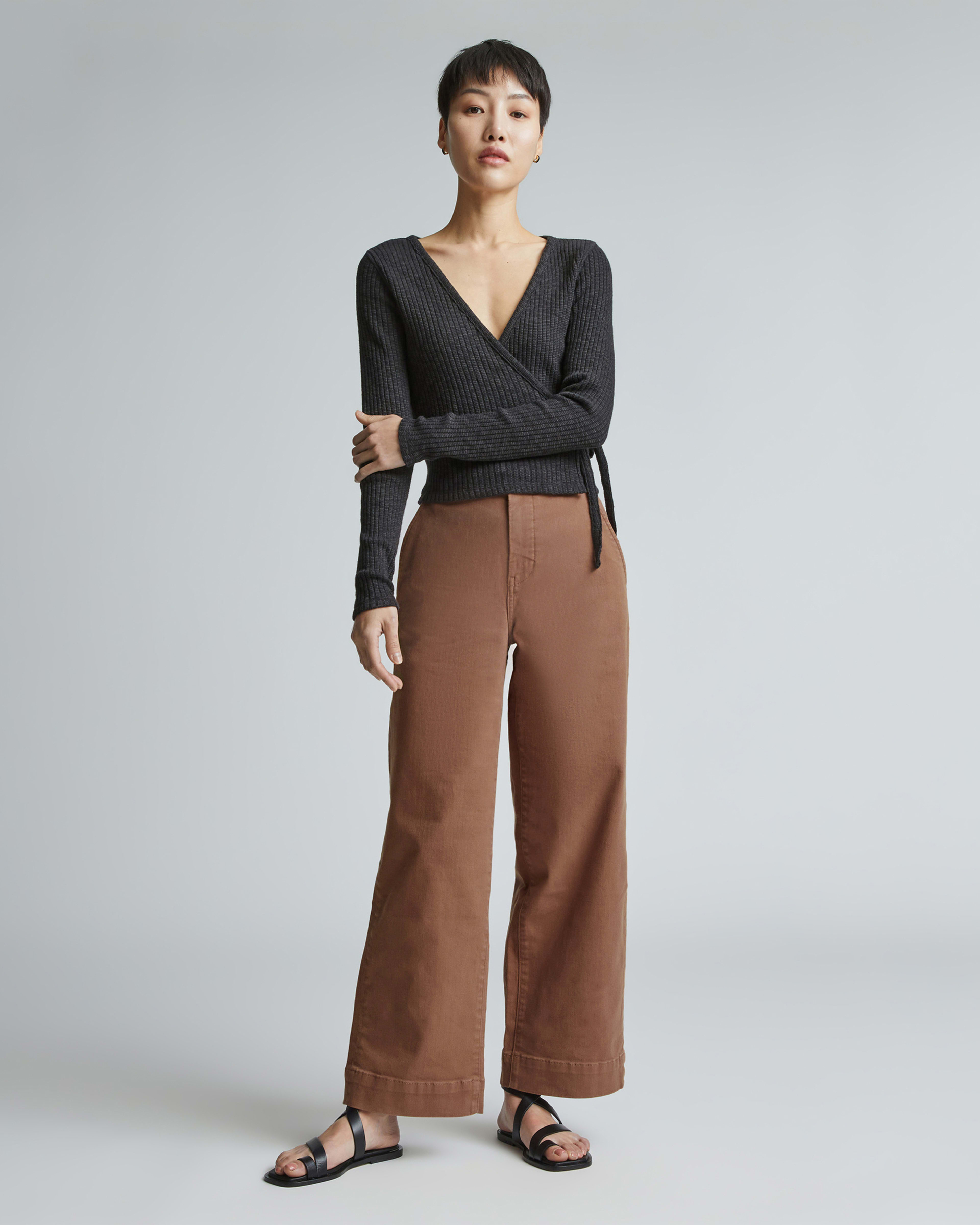 Wide-leg Twill Pants - Dark brown - Ladies