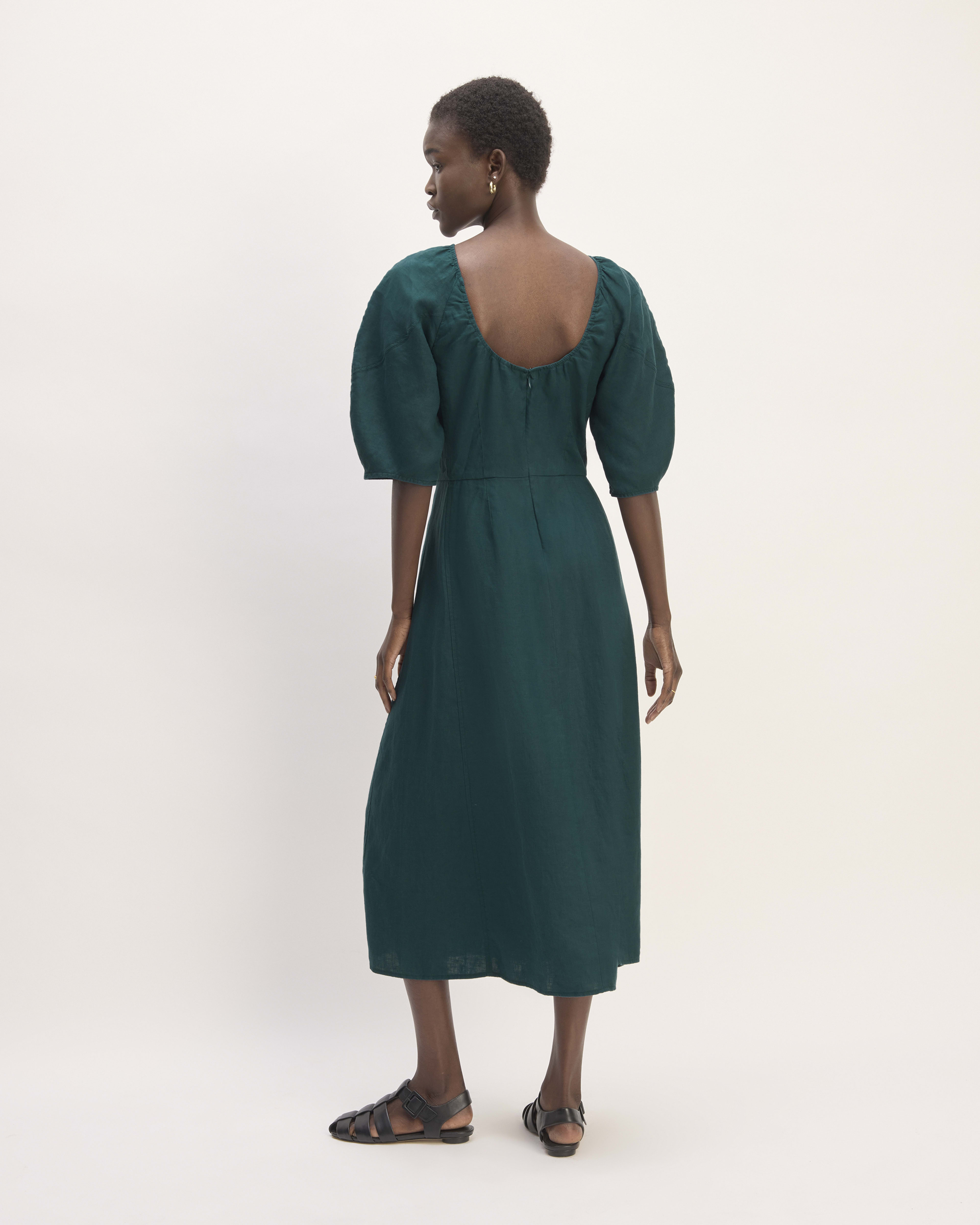 The Linen Short-Sleeve Scoop Midi Dress