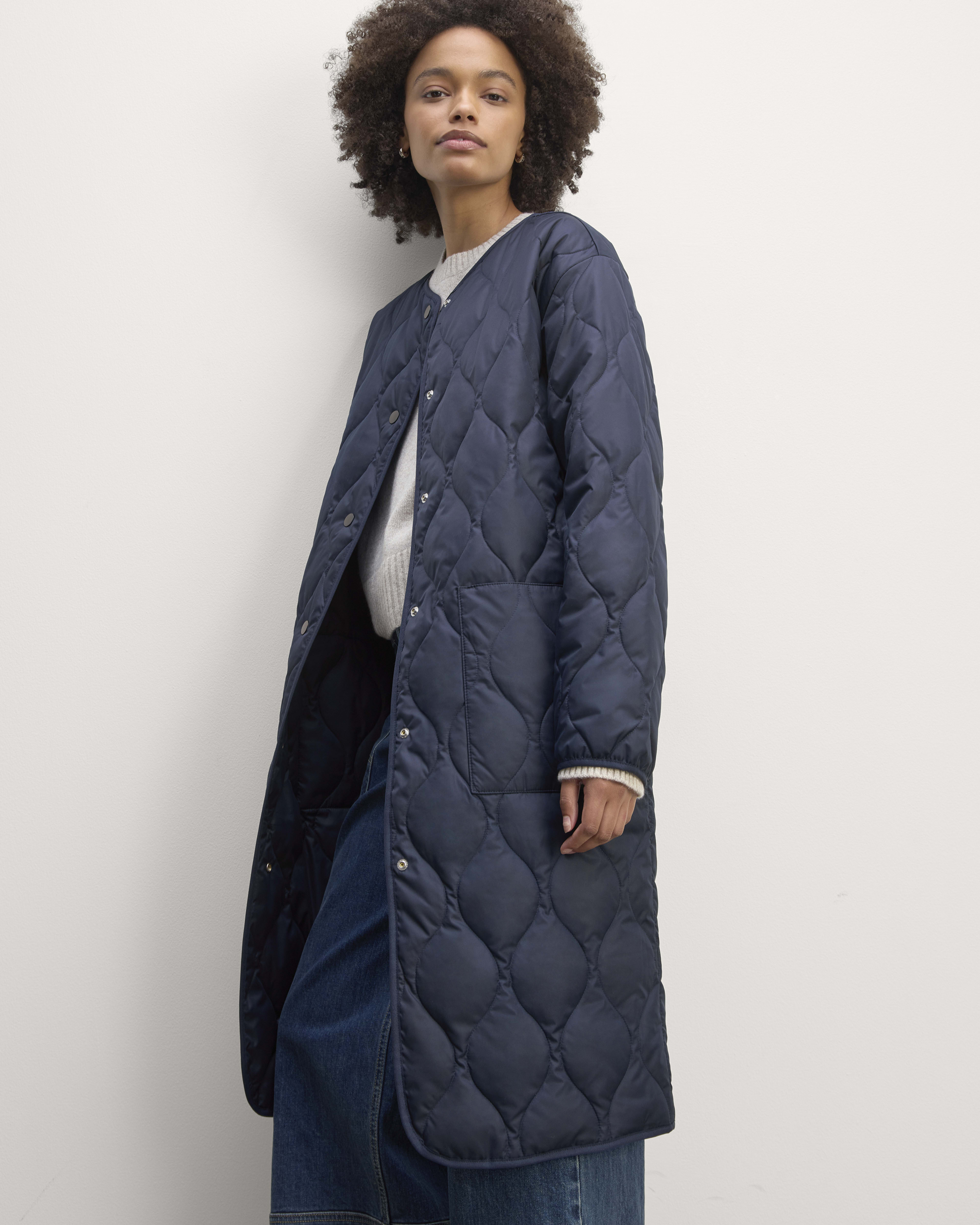 The Long Quilted Liner Navy Everlane