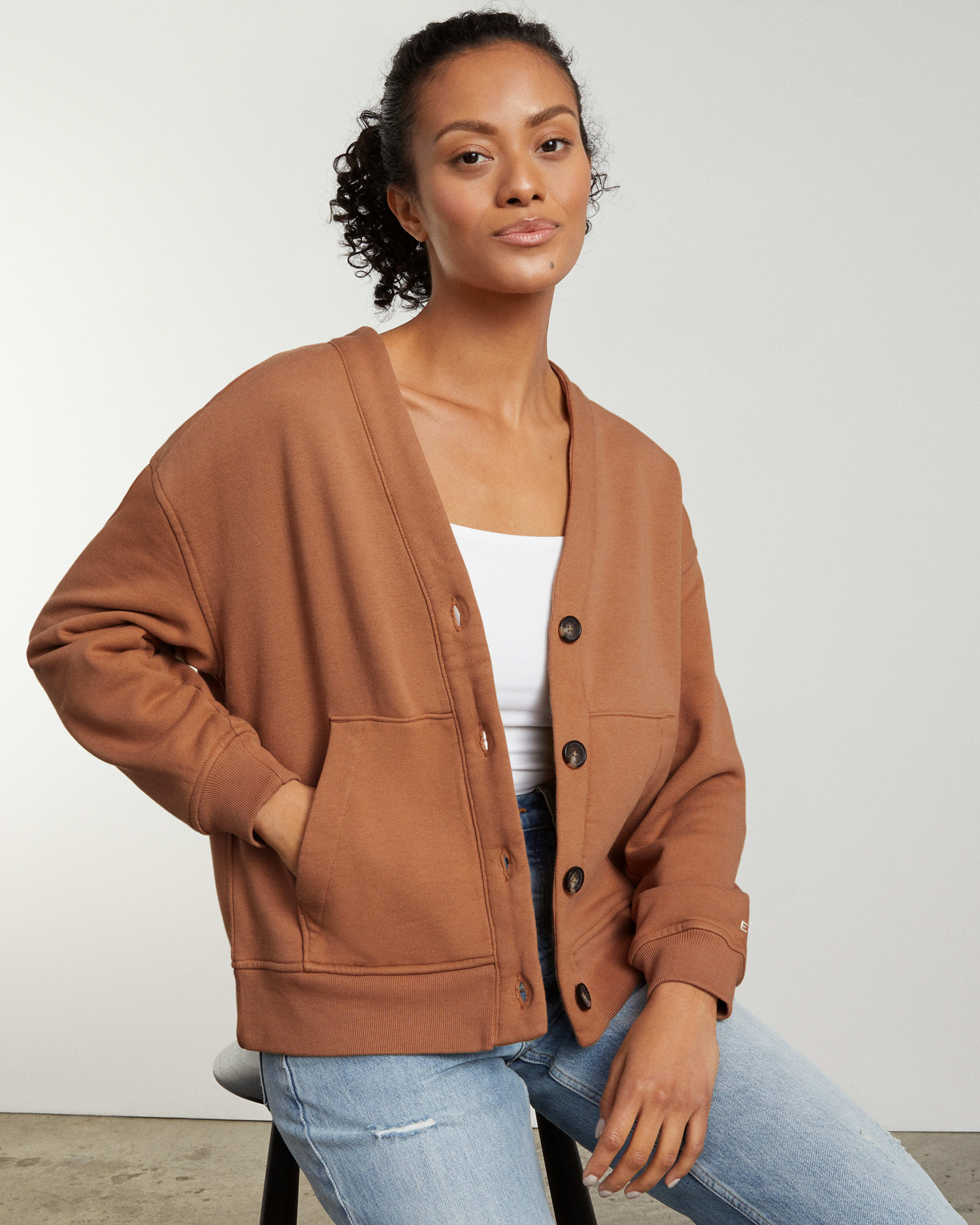 The Organic Cotton Varsity Cardigan Tawny Brown Everlane