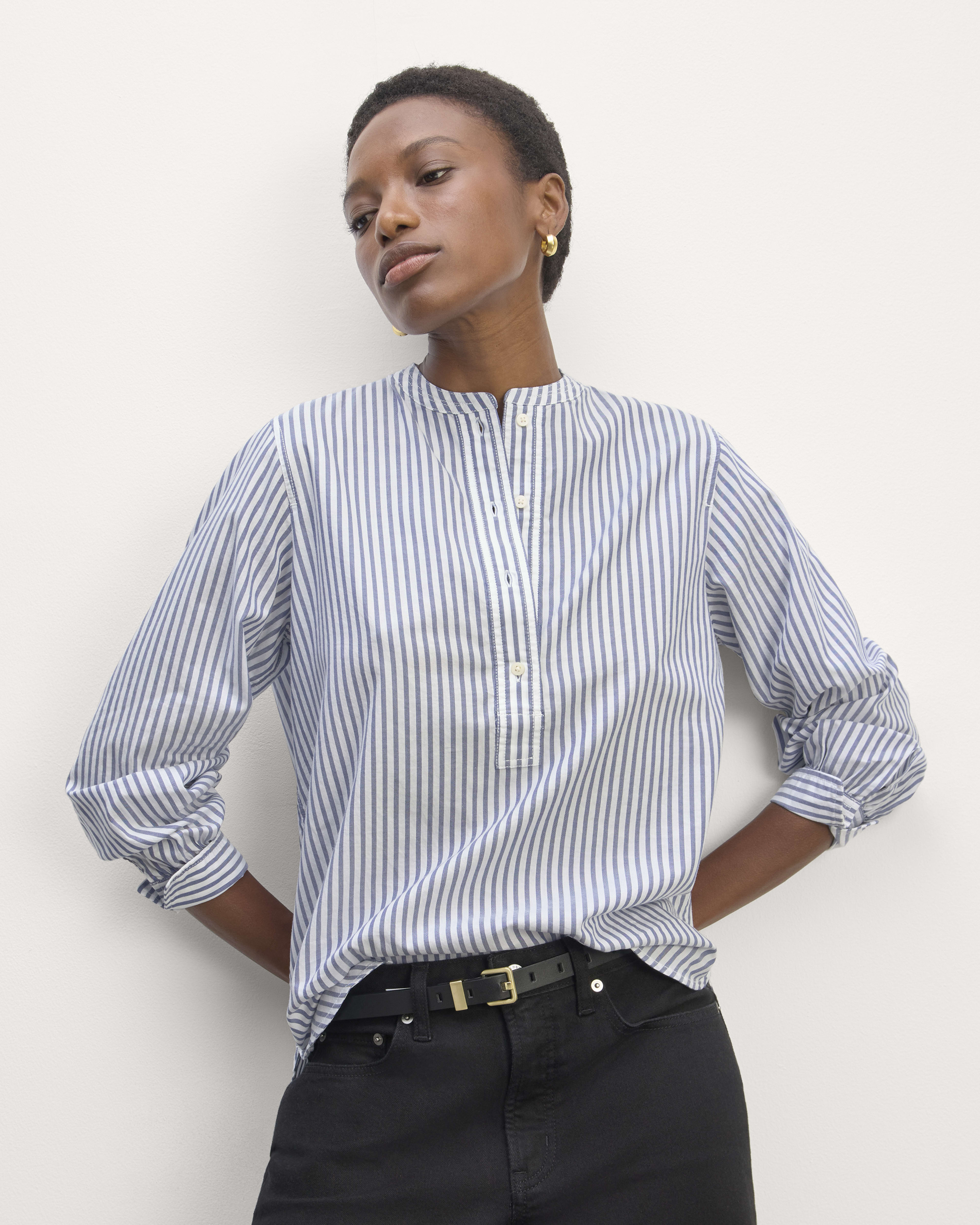 The Henley Shirt in Silky Cotton White Bellwether Blue Everlane