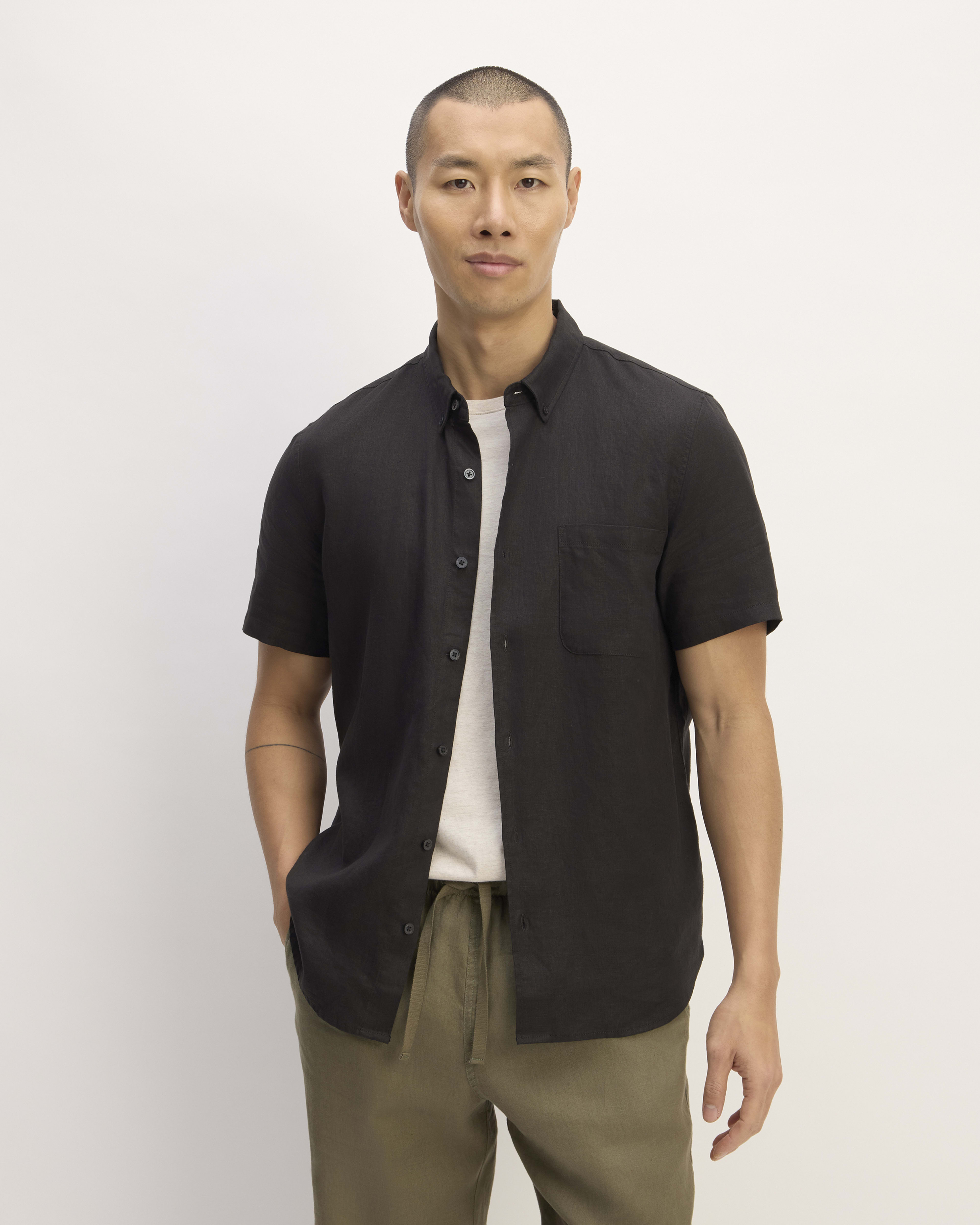 Mens black linen shirts short sleeve shop