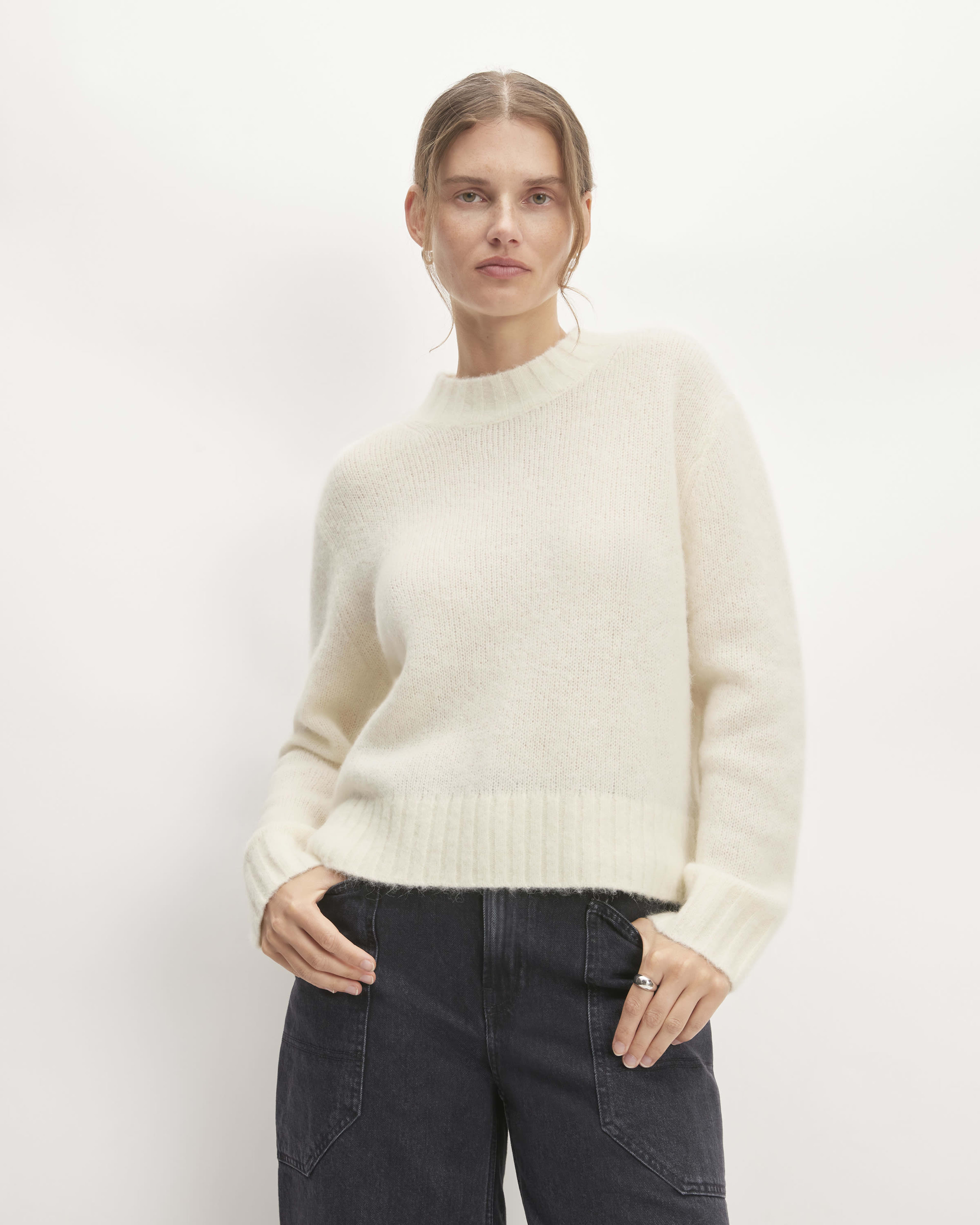 Women's Monki Crew Neck Long Sleeve Crop Sweater, Size S - Off White