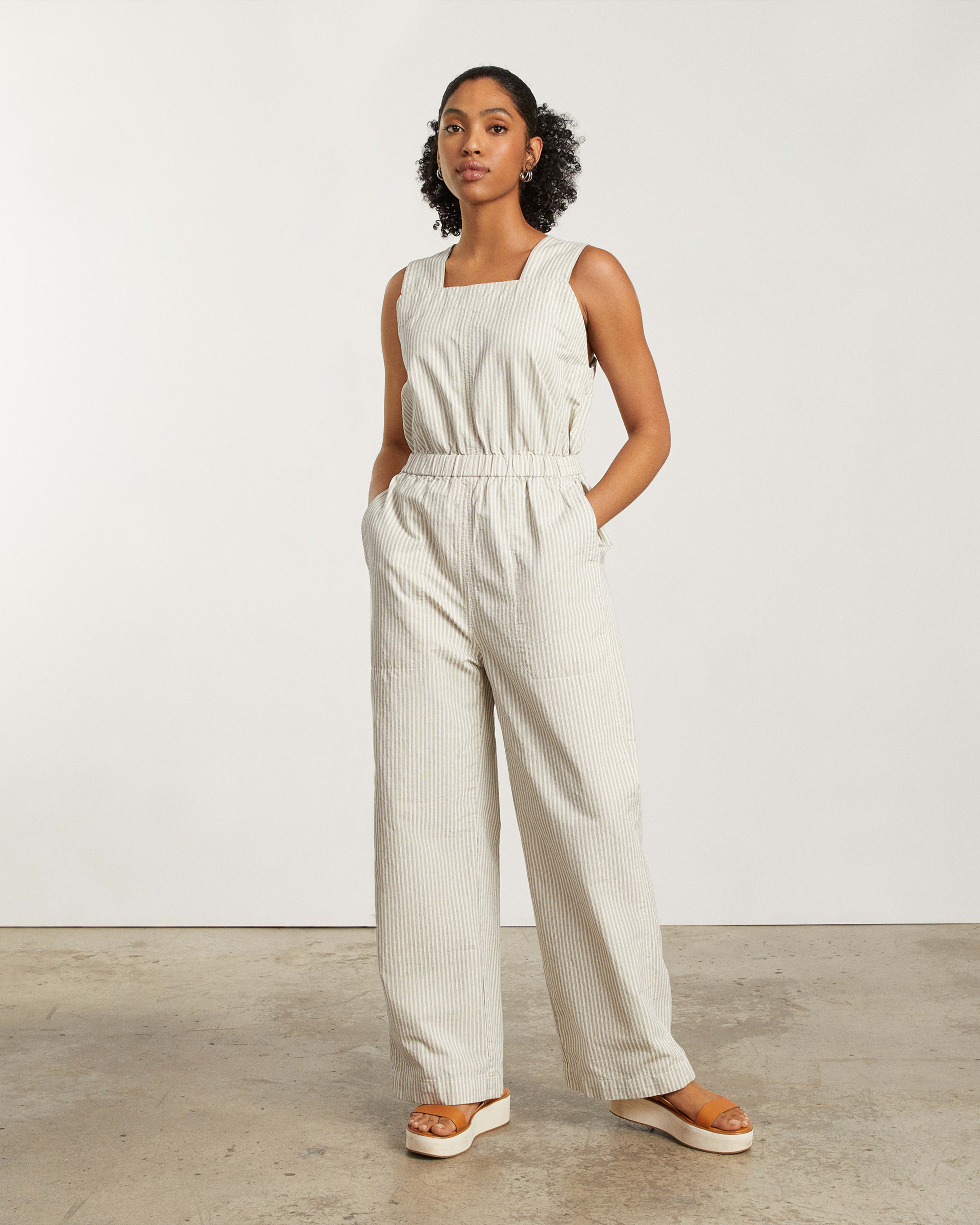 The Fatigue Apron Jumpsuit Navy Stripe Everlane
