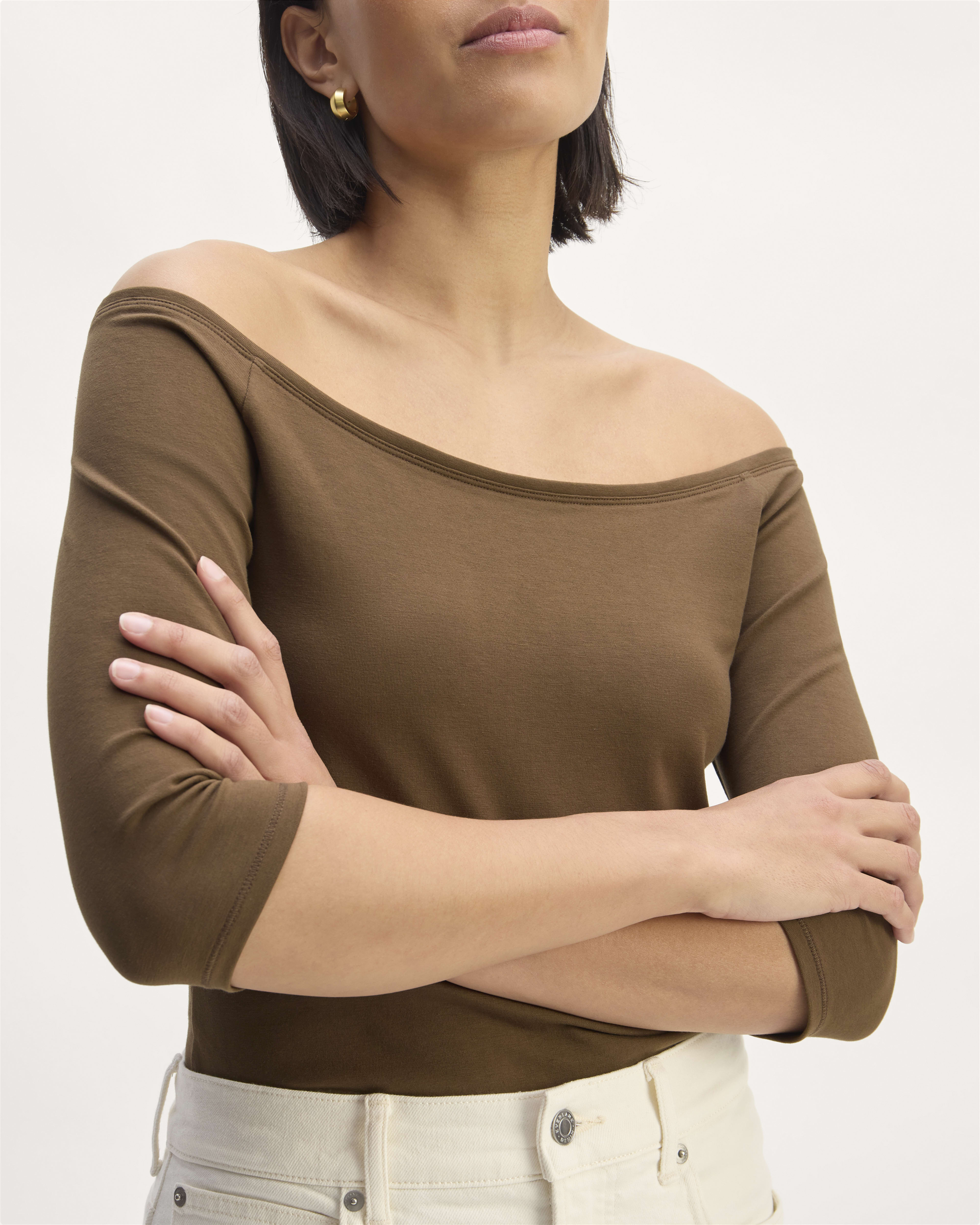 Cocoa Asymmetrical Off the Shoulder Neckline Top