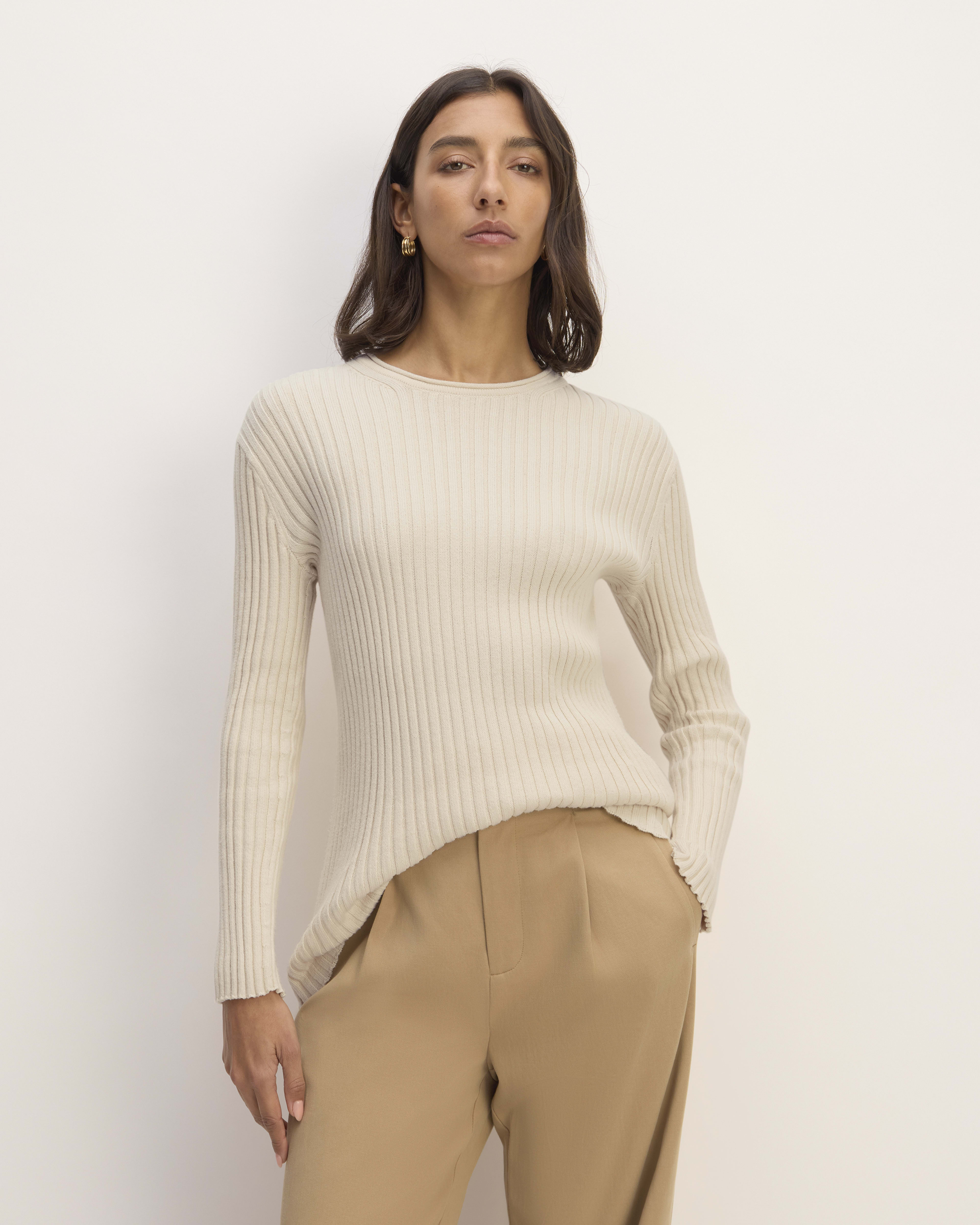 Oversized Rib-knit Sweater - Light beige melange - Ladies