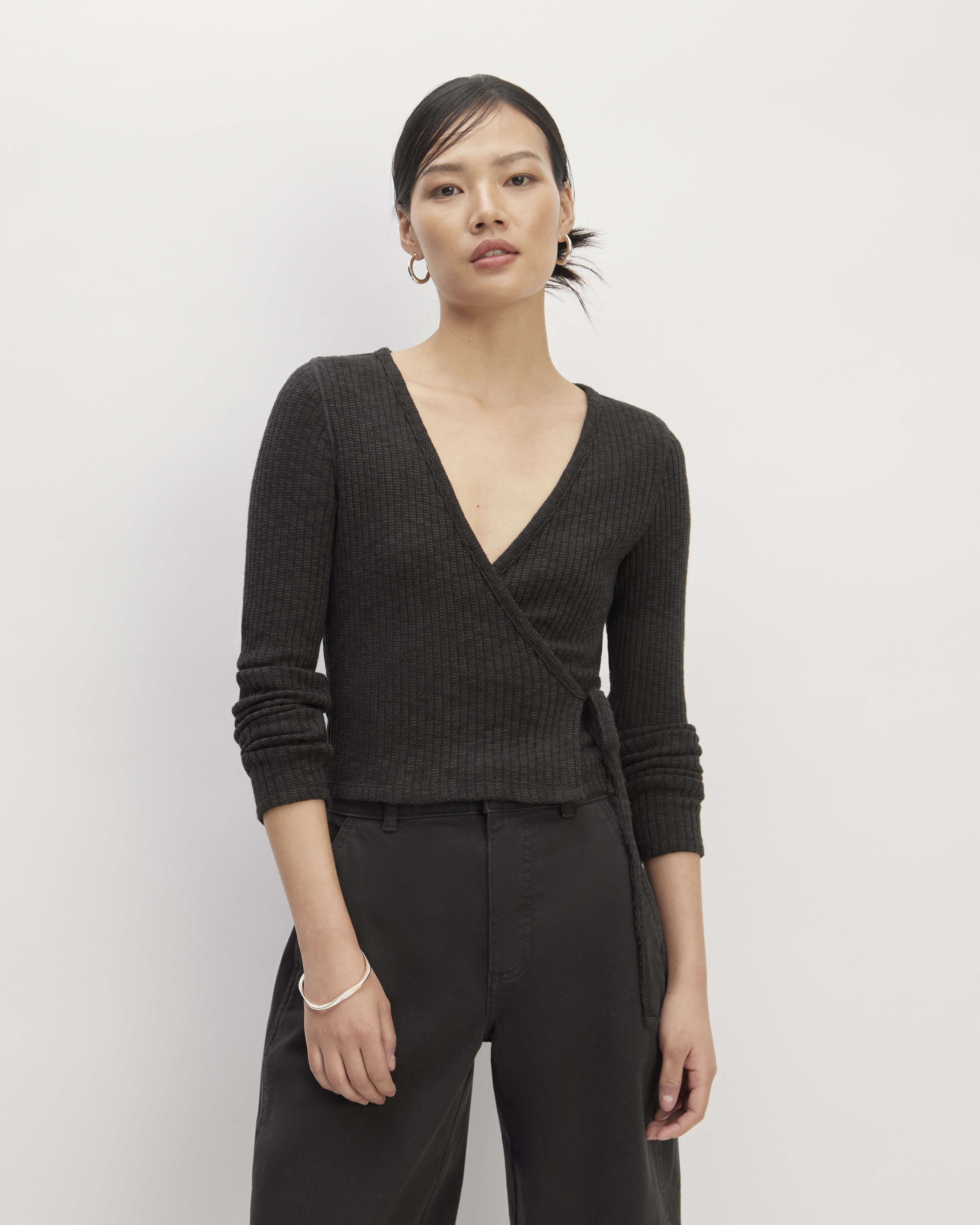 The Rib-Knit Wrap Top Black – Everlane