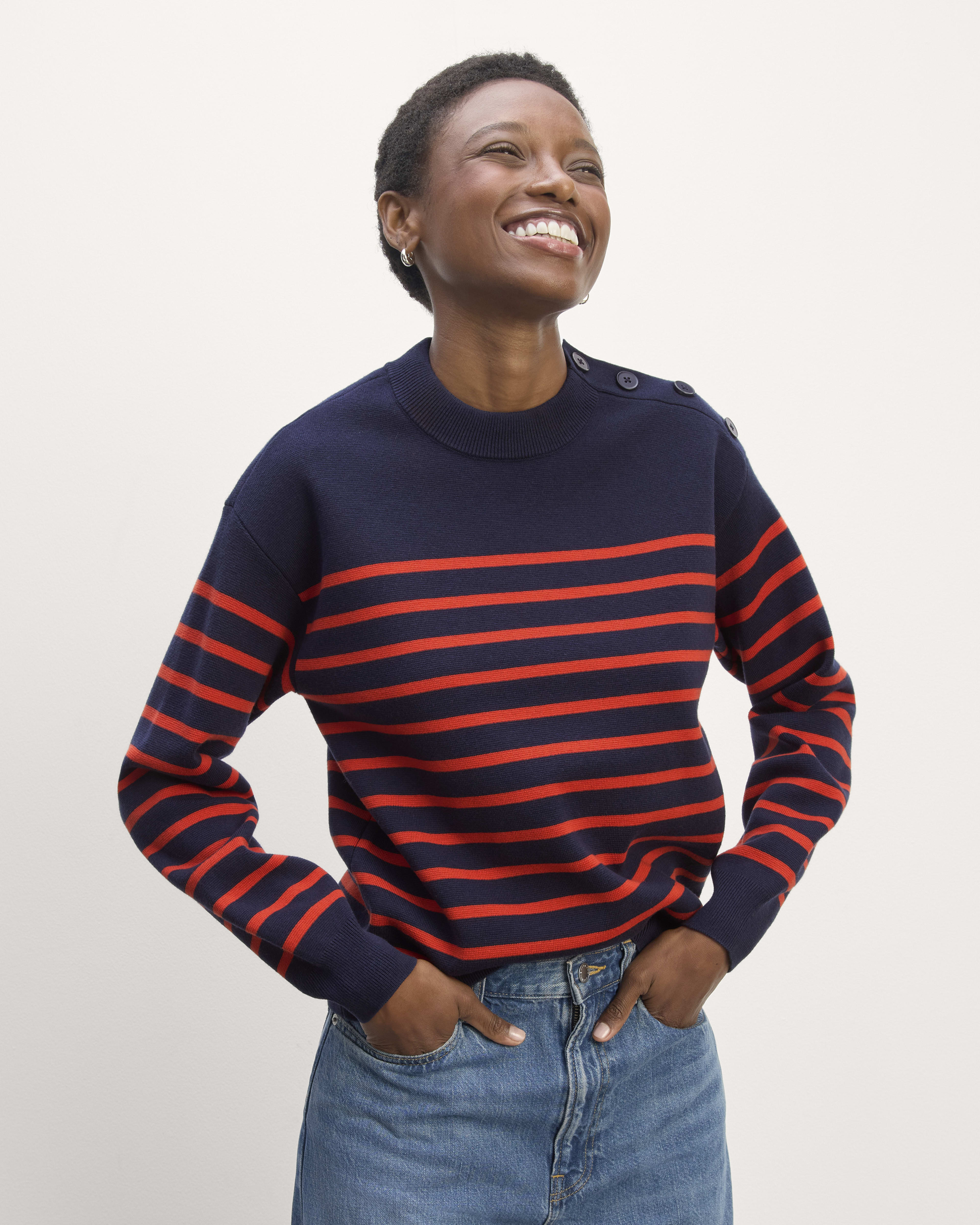 The Mariner Crew Sweater Navy Poppy Red Everlane