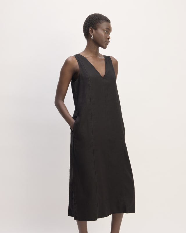 womens linen v neck midi dress black