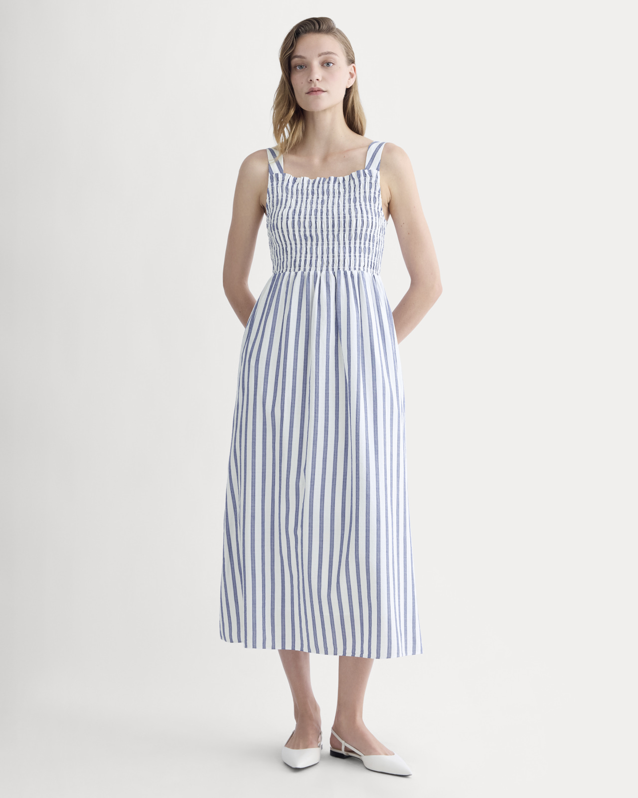 womens gauze smock dress white mazarine blue